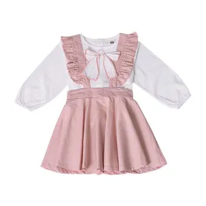 2 Pcs Set  Lovely Girls Cotton White Long Sleeves Shirt And Pink Elastic Waist Suspender Skirt