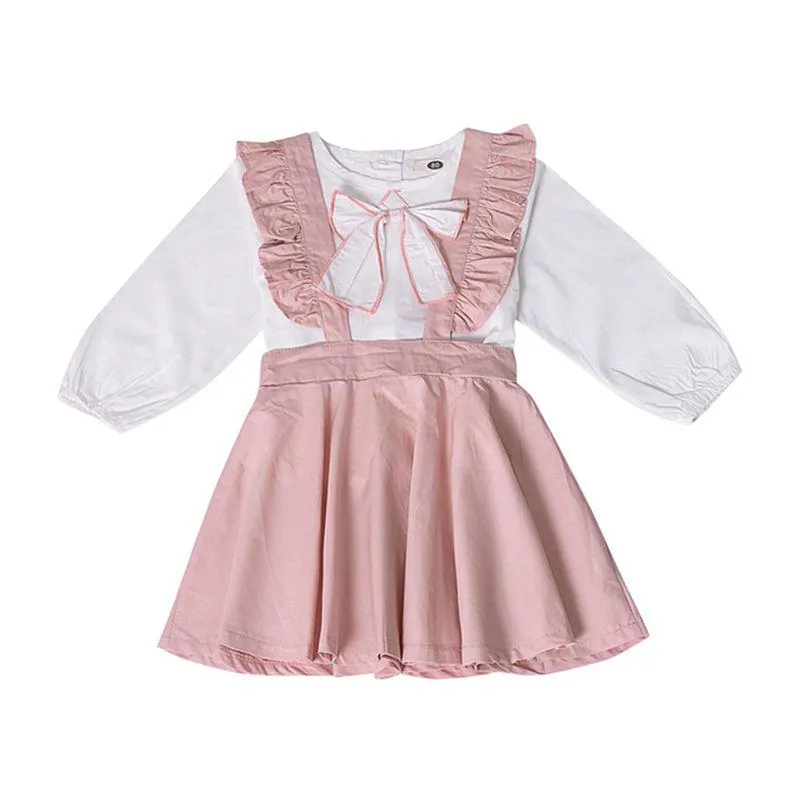 2 Pcs Set  Lovely Girls Cotton White Long Sleeves Shirt And Pink Elastic Waist Suspender Skirt