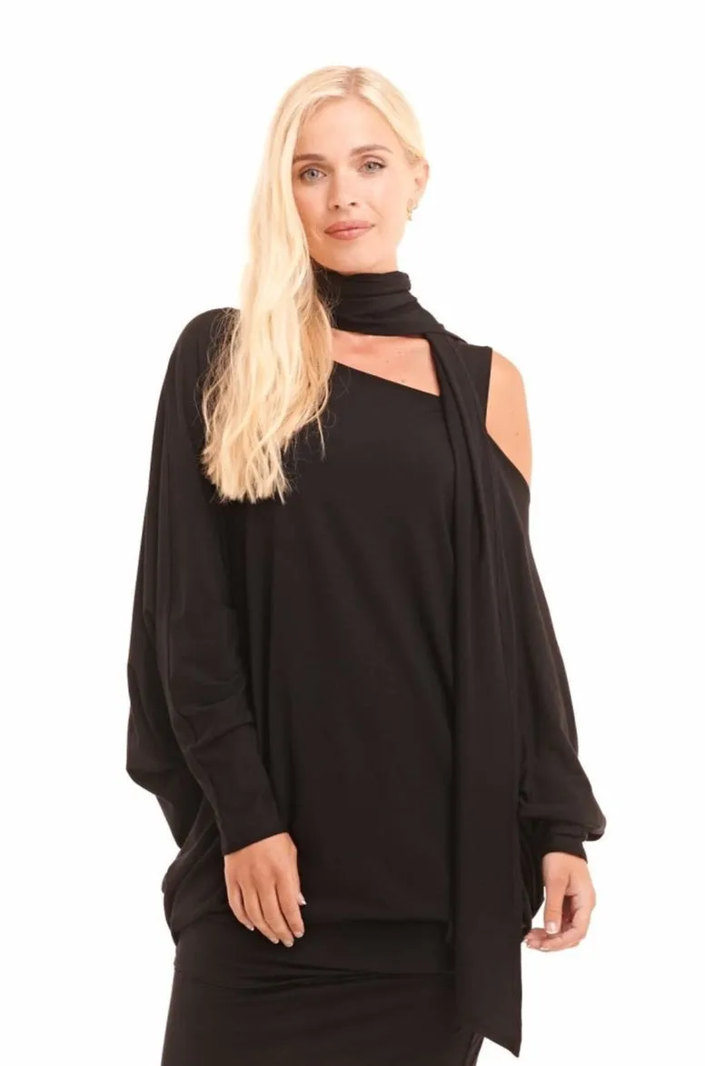 BAMBOO RAGLAN TOP WITH SCARF BLACK