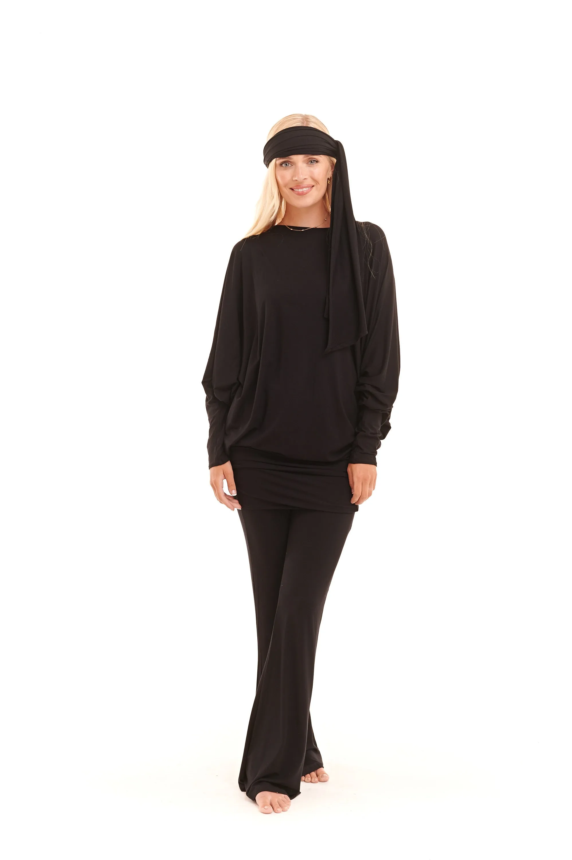 BAMBOO RAGLAN TOP WITH SCARF BLACK