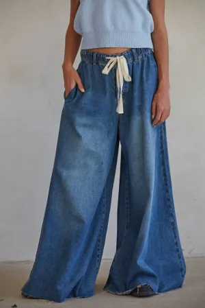 Brynlee Denim Waist Band Wide Leg Pants: Dark Denim