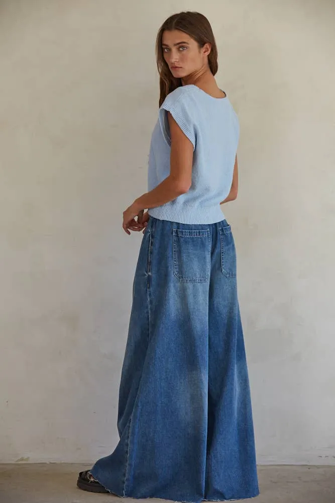 Brynlee Denim Waist Band Wide Leg Pants: Dark Denim