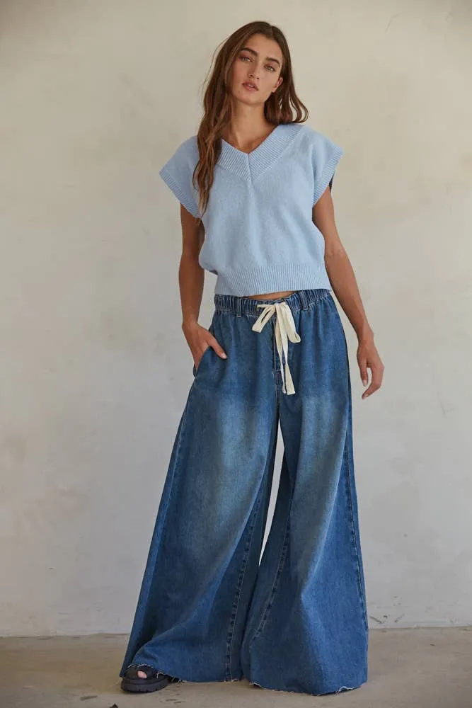 Brynlee Denim Waist Band Wide Leg Pants: Dark Denim