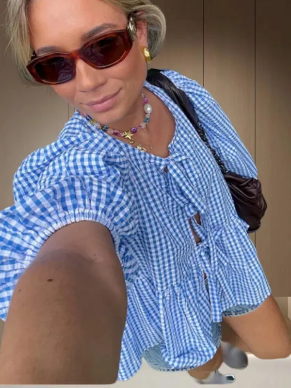 Charmaine New Sweet Casual Strappy Round Neck Puff Sleeve Versatile Shirt