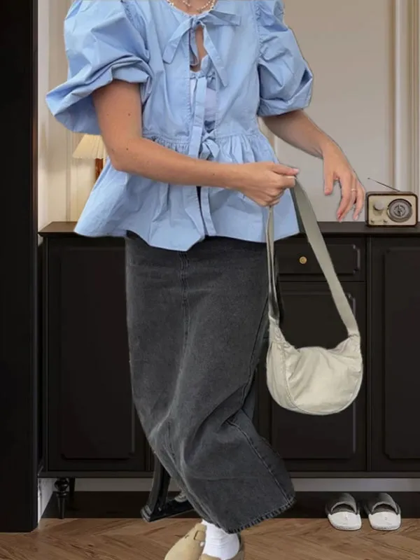 Charmaine New Sweet Casual Strappy Round Neck Puff Sleeve Versatile Shirt