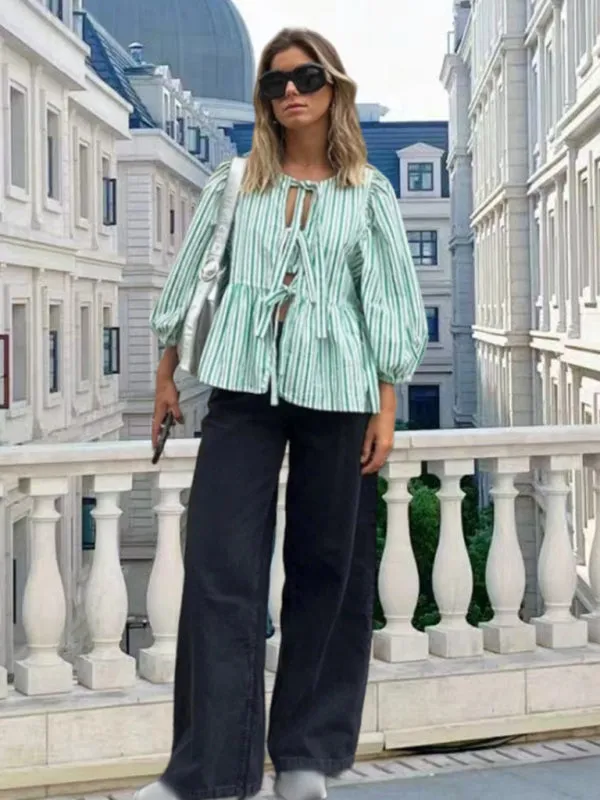 Charmaine New Sweet Casual Strappy Round Neck Puff Sleeve Versatile Shirt