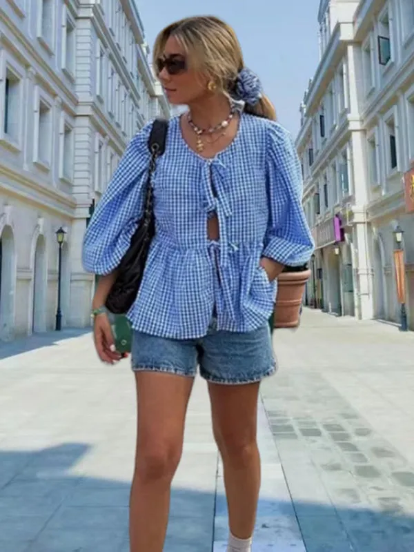 Charmaine New Sweet Casual Strappy Round Neck Puff Sleeve Versatile Shirt