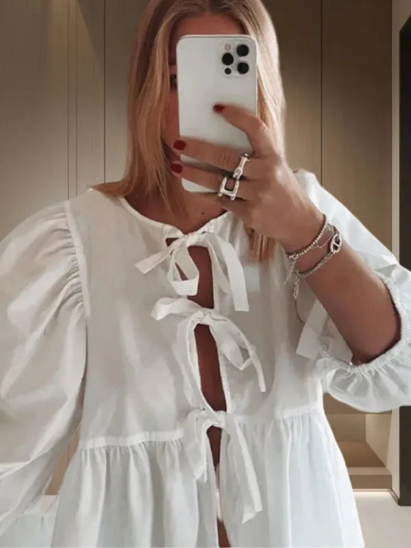Charmaine New Sweet Casual Strappy Round Neck Puff Sleeve Versatile Shirt