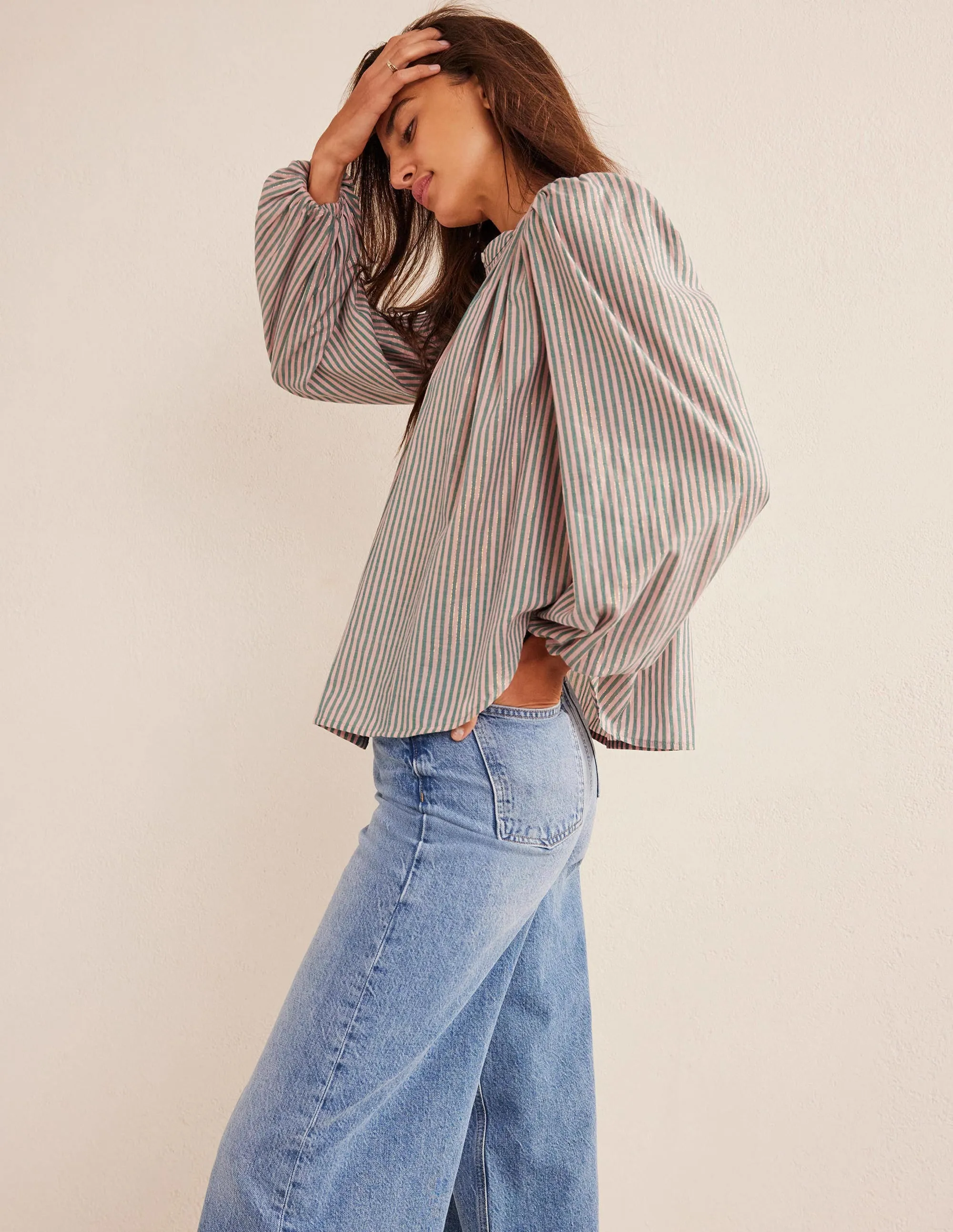 Circle Cut Peasant Blouse-Pink and Green Sparkle Stripe