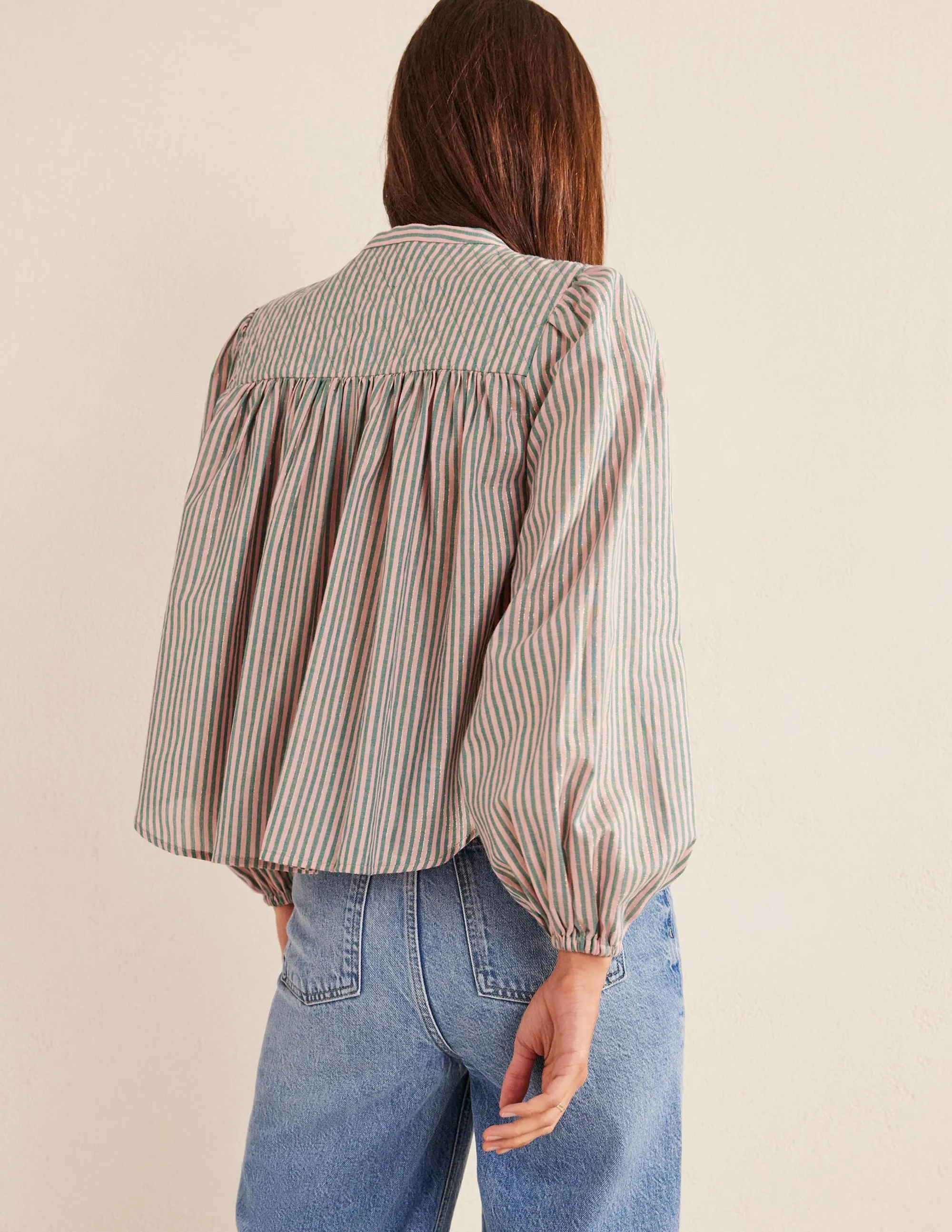 Circle Cut Peasant Blouse-Pink and Green Sparkle Stripe