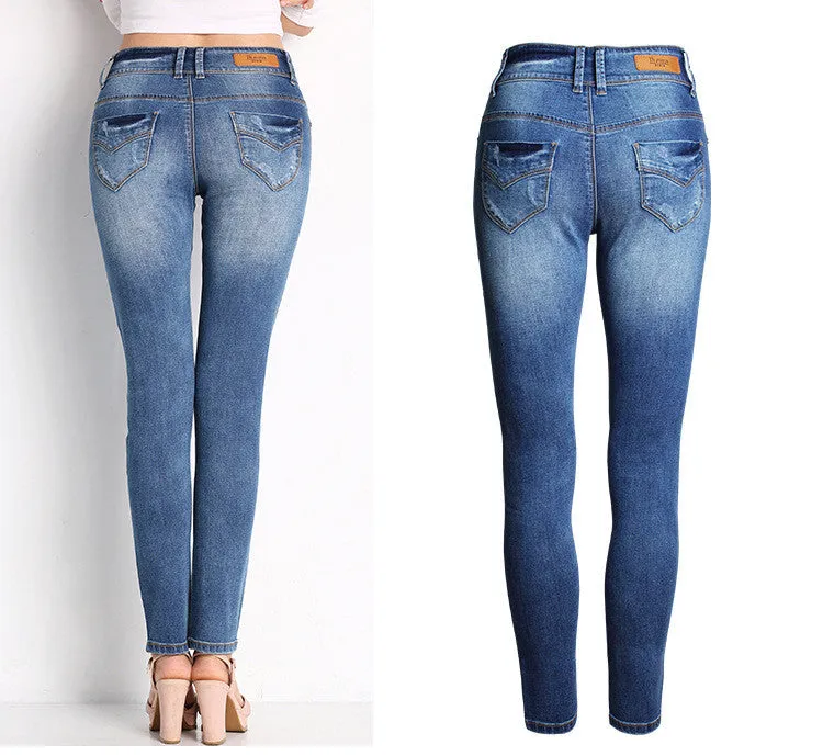 Classic Blue Scratchy Buttons Pencil Denim Pants