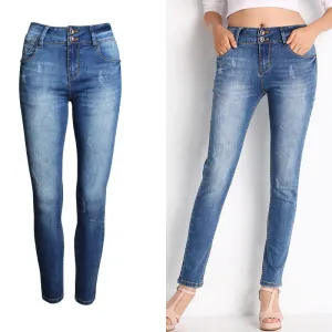 Classic Blue Scratchy Buttons Pencil Denim Pants