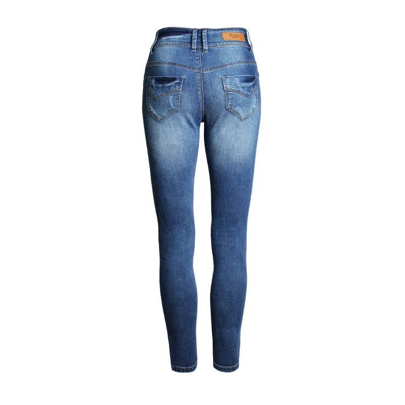 Classic Blue Scratchy Buttons Pencil Denim Pants