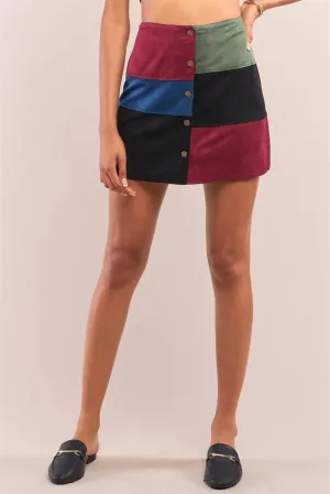Color Block Front Suede High Waisted Button Up Mini Skirt /2-2-2