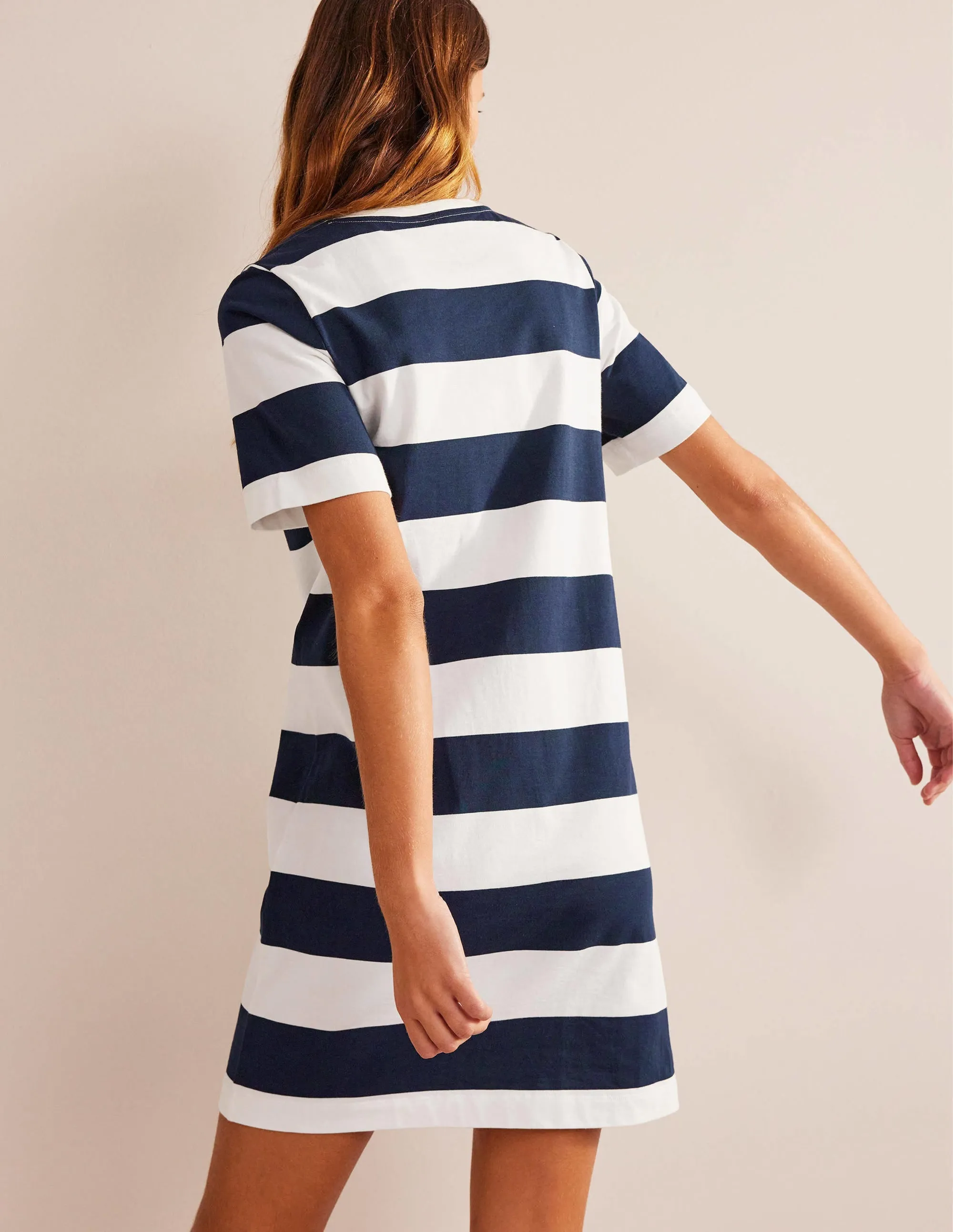 Crew Neck Mini T-shirt Dress-Ivory and Navy Stripe