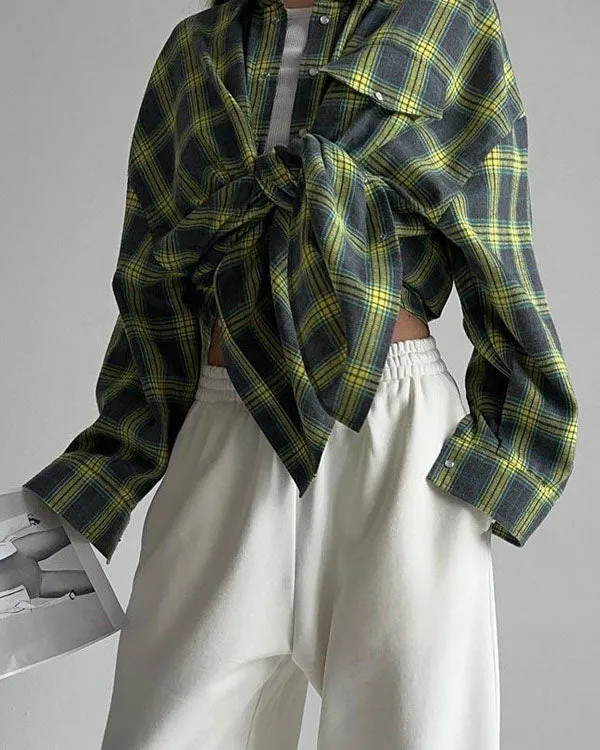 elveswallet Retro versatile lapel plaid loose shirt