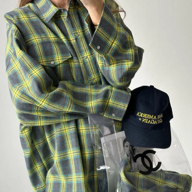 elveswallet Retro versatile lapel plaid loose shirt