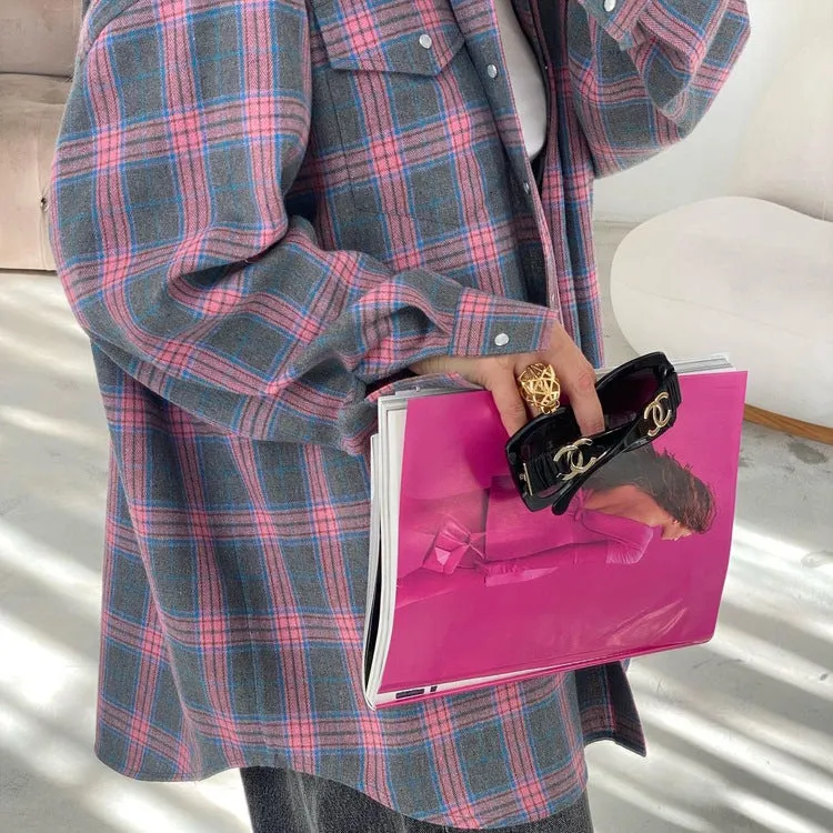 elveswallet Retro versatile lapel plaid loose shirt