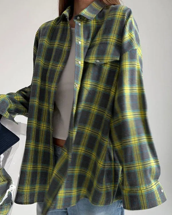 elveswallet Retro versatile lapel plaid loose shirt