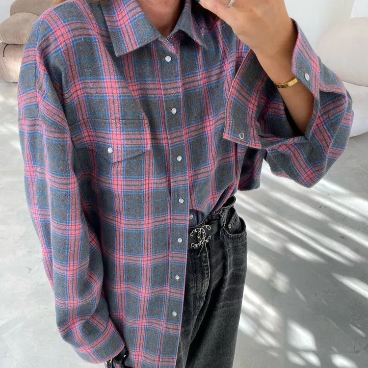 elveswallet Retro versatile lapel plaid loose shirt