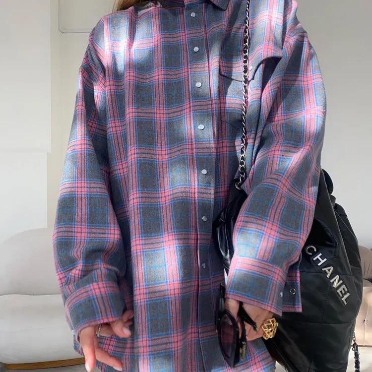 elveswallet Retro versatile lapel plaid loose shirt
