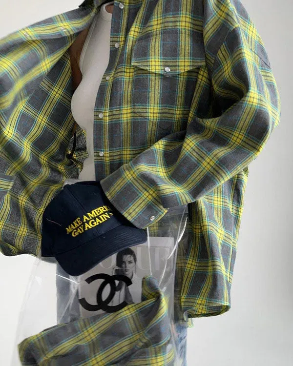 elveswallet Retro versatile lapel plaid loose shirt