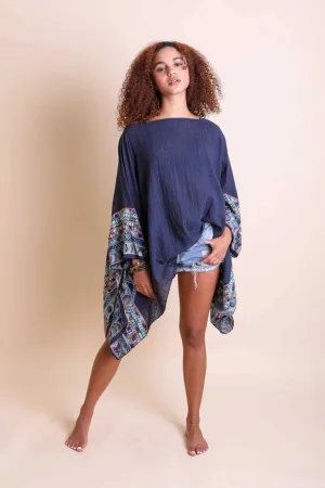 Embroidered Sleeve Navy Kimono
