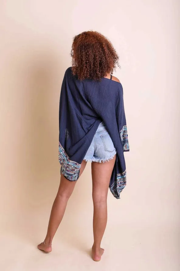 Embroidered Sleeve Navy Kimono