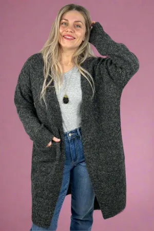 Fuzzy Yarn Long Cardigan - Charcoal