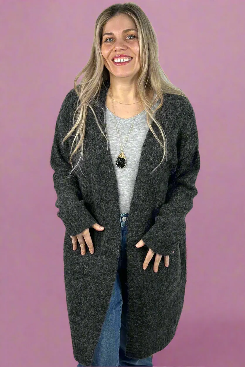 Fuzzy Yarn Long Cardigan - Charcoal