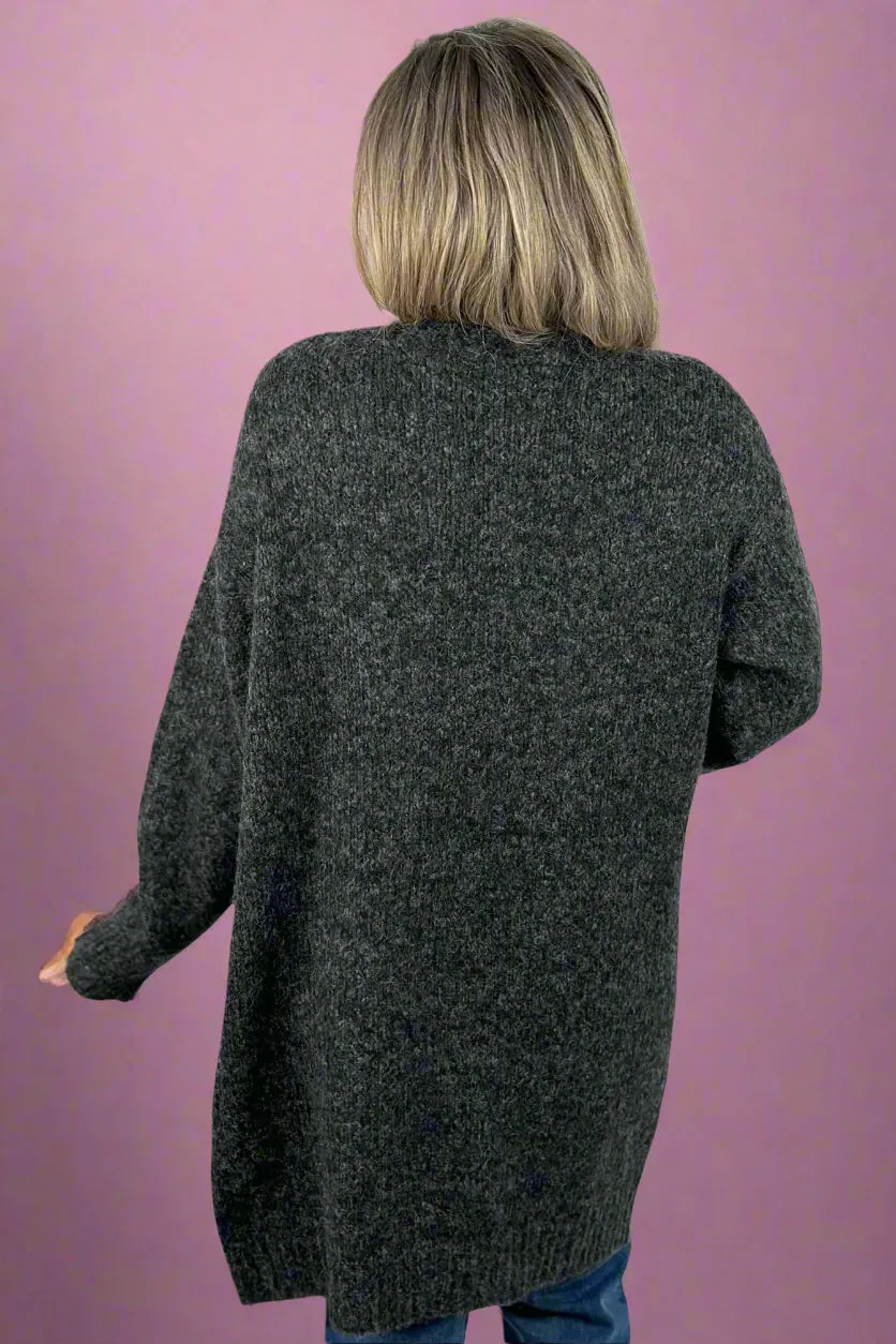Fuzzy Yarn Long Cardigan - Charcoal