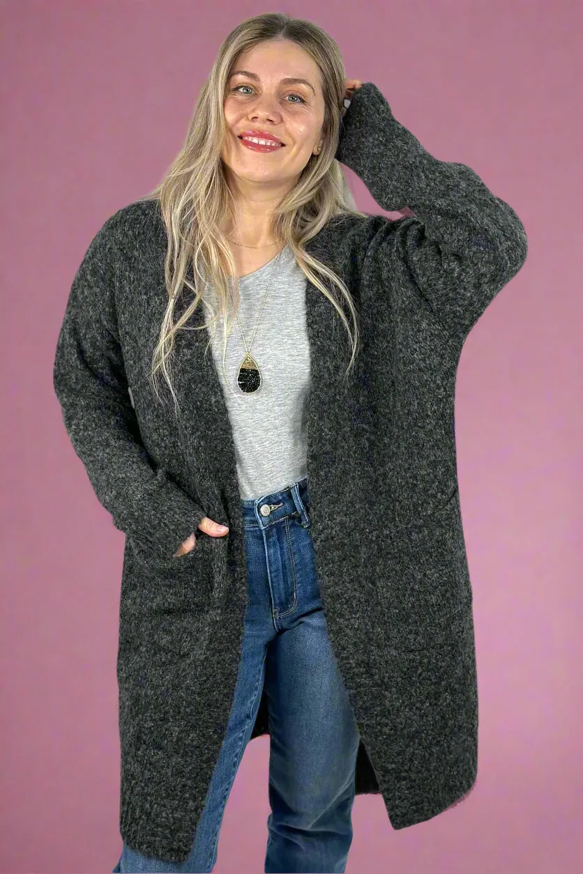 Fuzzy Yarn Long Cardigan - Charcoal
