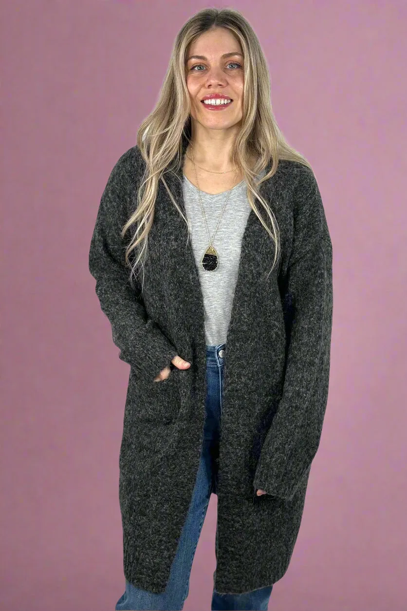 Fuzzy Yarn Long Cardigan - Charcoal
