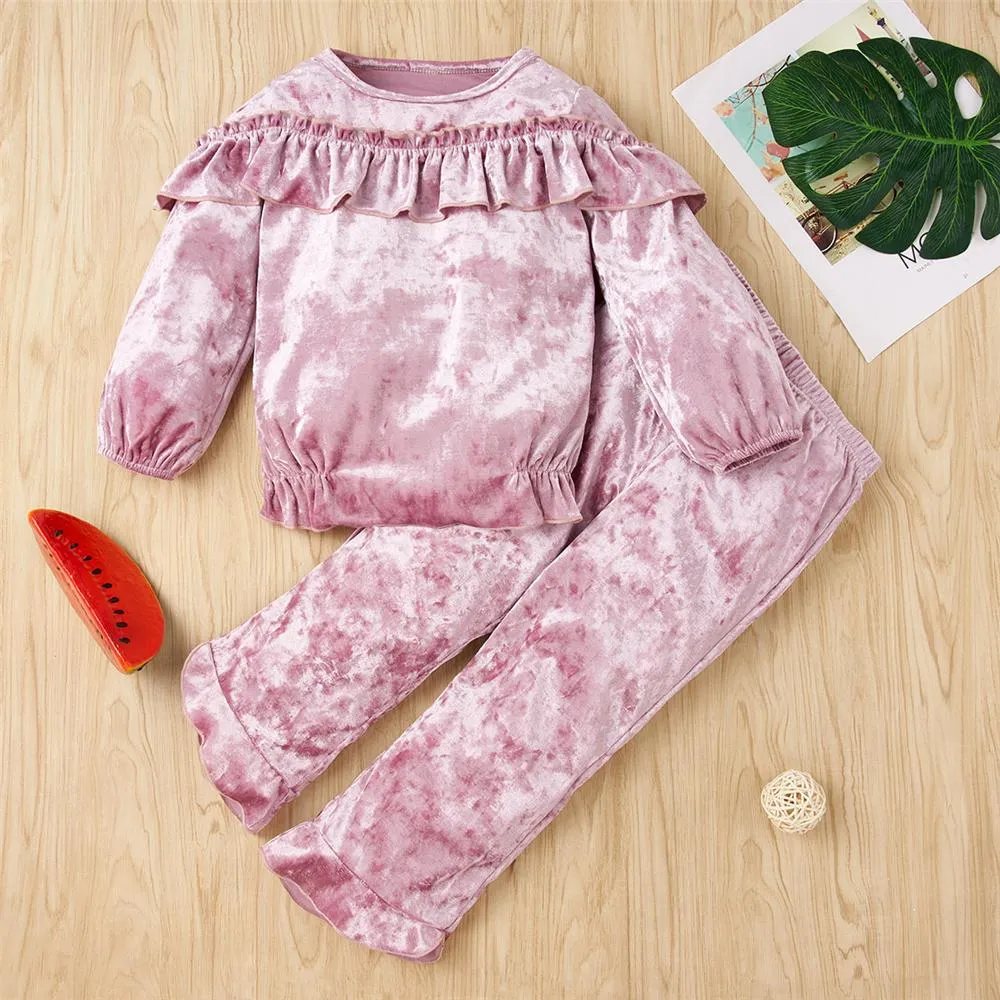 Girls Purple Ruffle Solid Color Long Sleeve Top & Pants Kid Apparel Wholesale