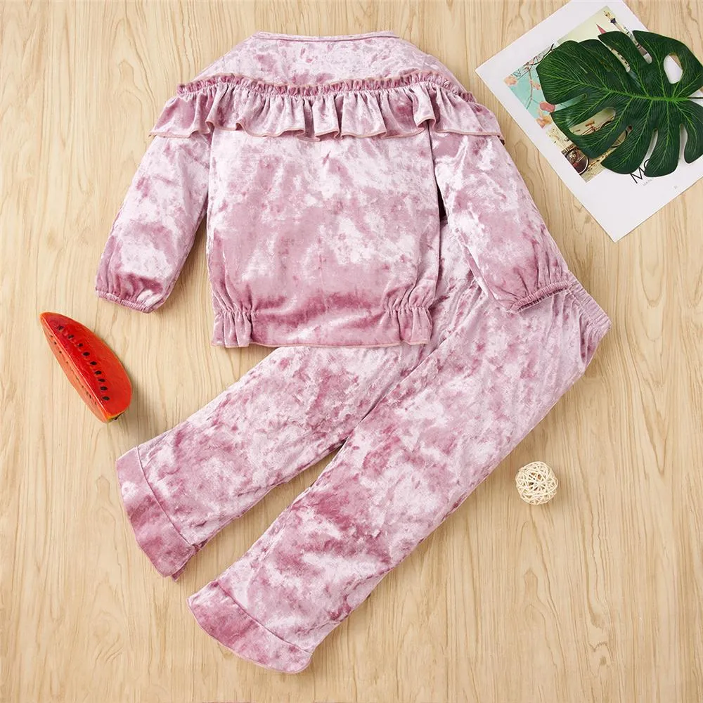 Girls Purple Ruffle Solid Color Long Sleeve Top & Pants Kid Apparel Wholesale