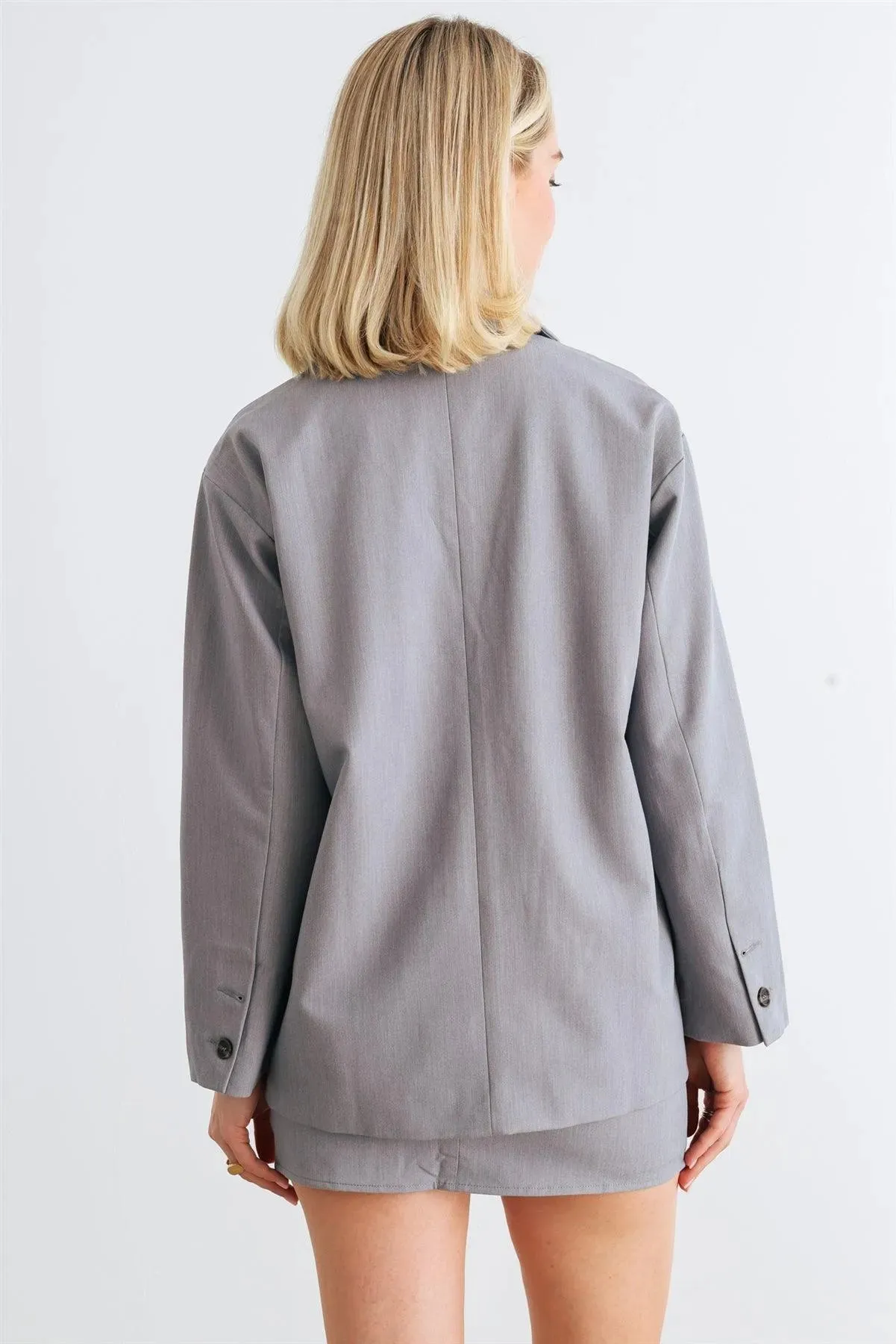 Heather Grey Button-Up Collared Neck Long Sleeve Blazer & High Waist Mini Skirt Set /1-2-2-1