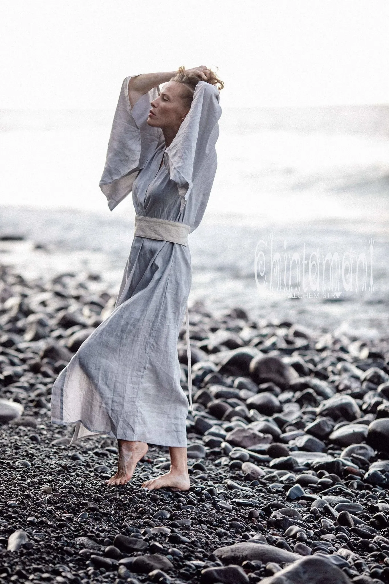 Japan Linen Maxi Kimono Robe / Goddess Cardigan Wrap Dress / Light Grey