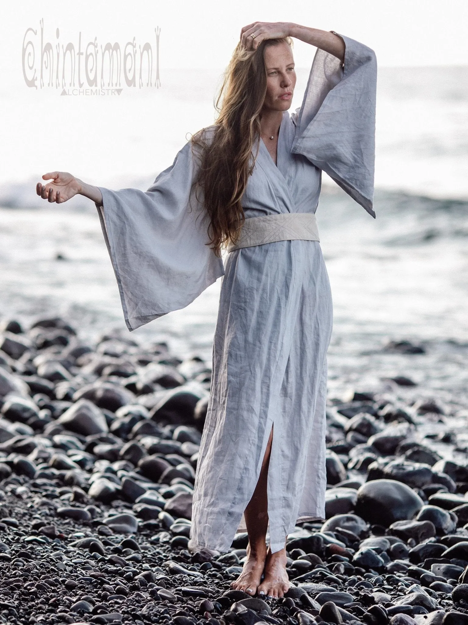 Japan Linen Maxi Kimono Robe / Goddess Cardigan Wrap Dress / Light Grey