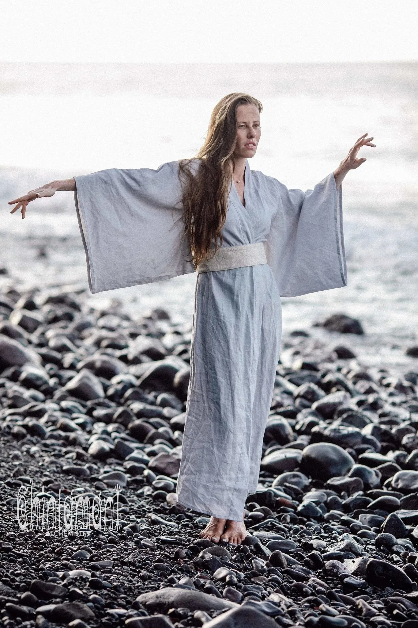 Japan Linen Maxi Kimono Robe / Goddess Cardigan Wrap Dress / Light Grey