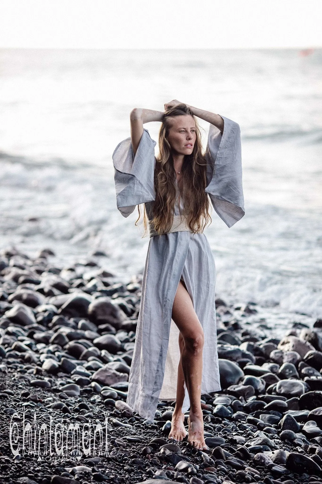 Japan Linen Maxi Kimono Robe / Goddess Cardigan Wrap Dress / Light Grey