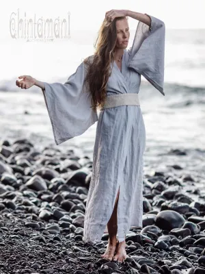 Japan Linen Maxi Kimono Robe / Goddess Cardigan Wrap Dress / Light Grey