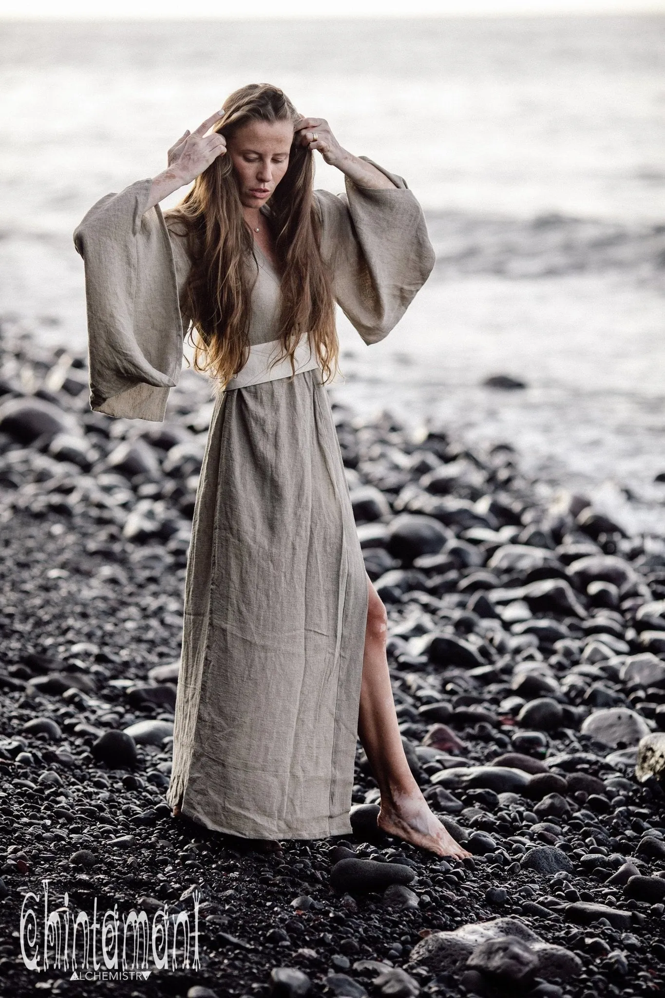 Japan Linen Maxi Kimono Robe / Goddess Cardigan Wrap Dress / Unbleached Grey