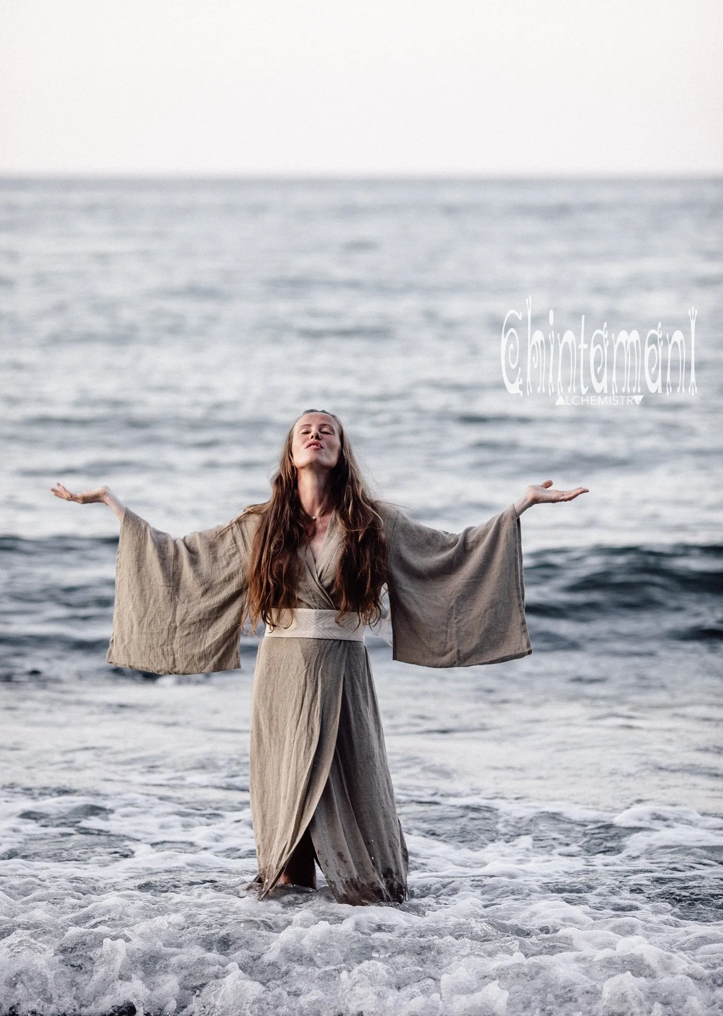 Japan Linen Maxi Kimono Robe / Goddess Cardigan Wrap Dress / Unbleached Grey