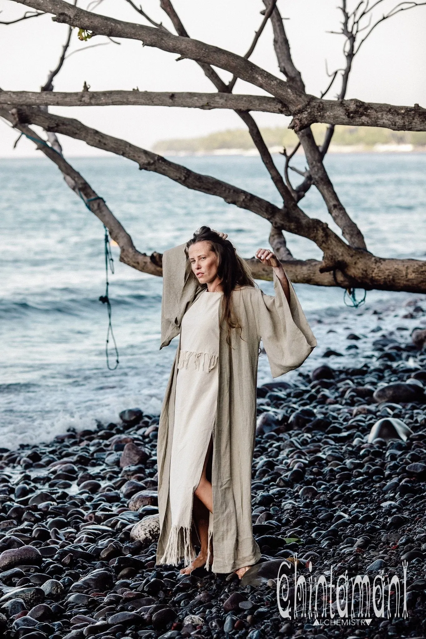 Japan Linen Maxi Kimono Robe / Goddess Cardigan Wrap Dress / Unbleached Grey