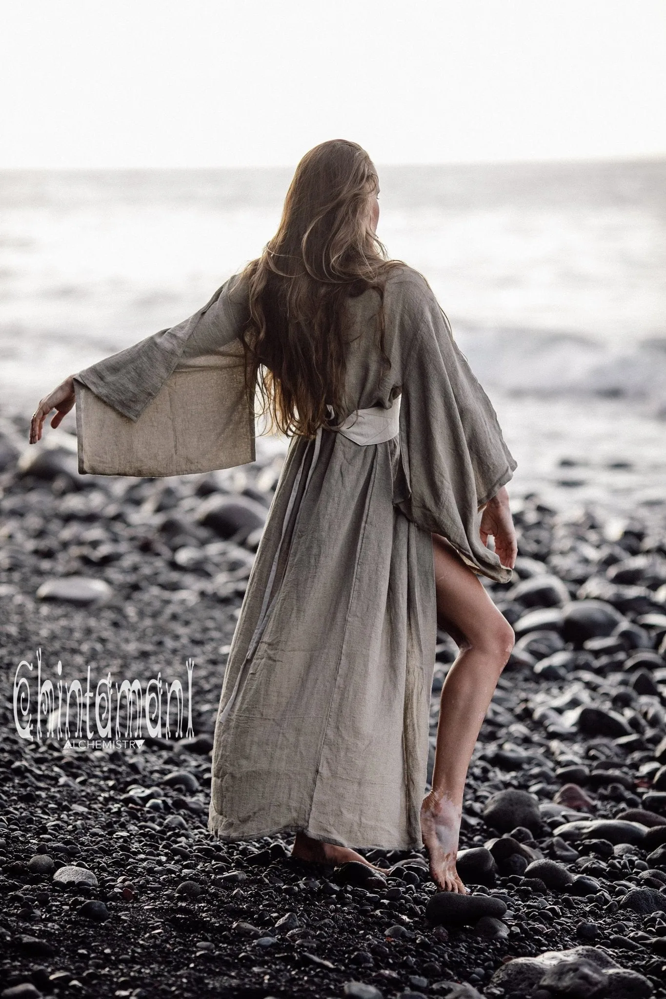 Japan Linen Maxi Kimono Robe / Goddess Cardigan Wrap Dress / Unbleached Grey