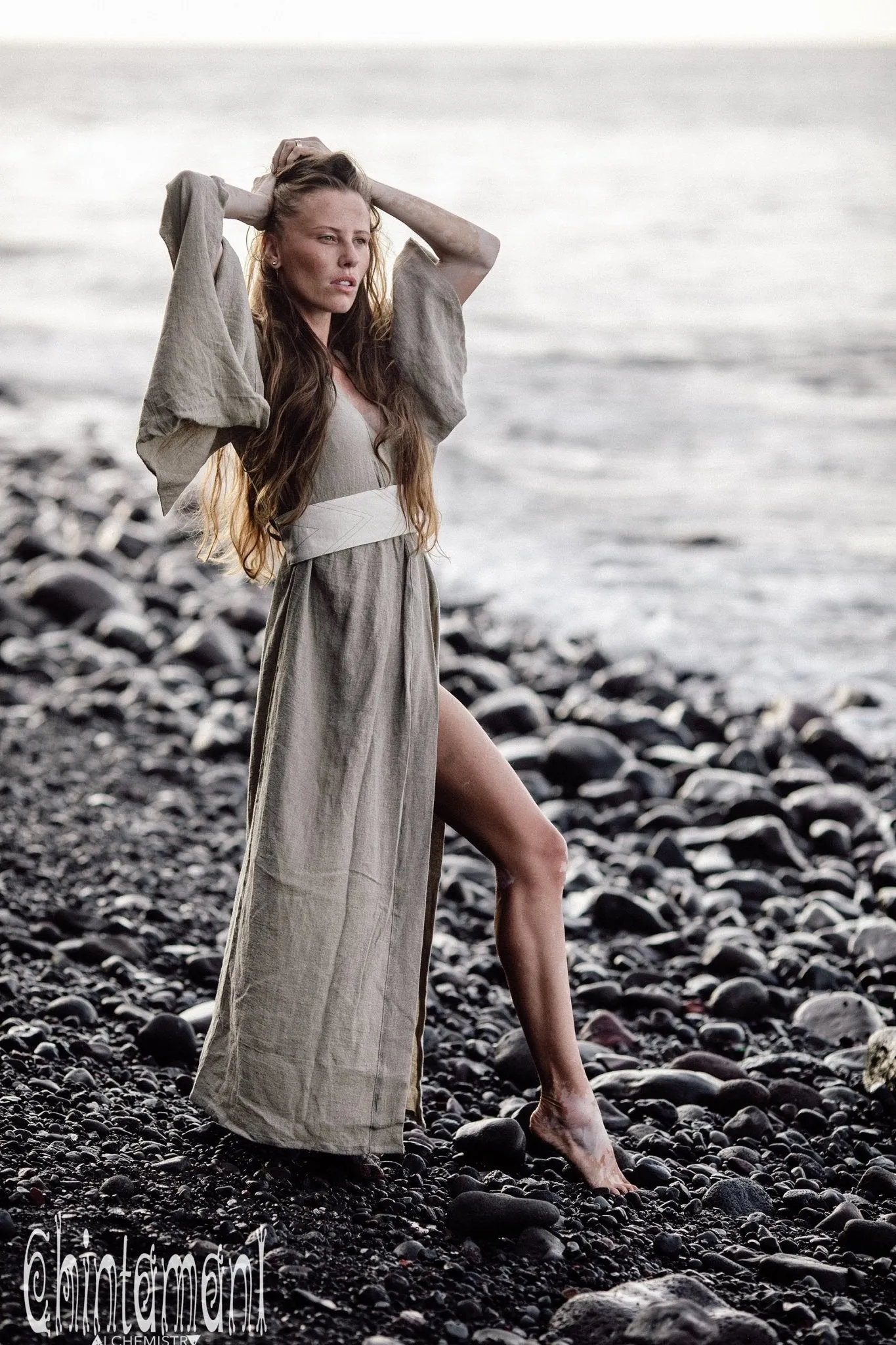 Japan Linen Maxi Kimono Robe / Goddess Cardigan Wrap Dress / Unbleached Grey