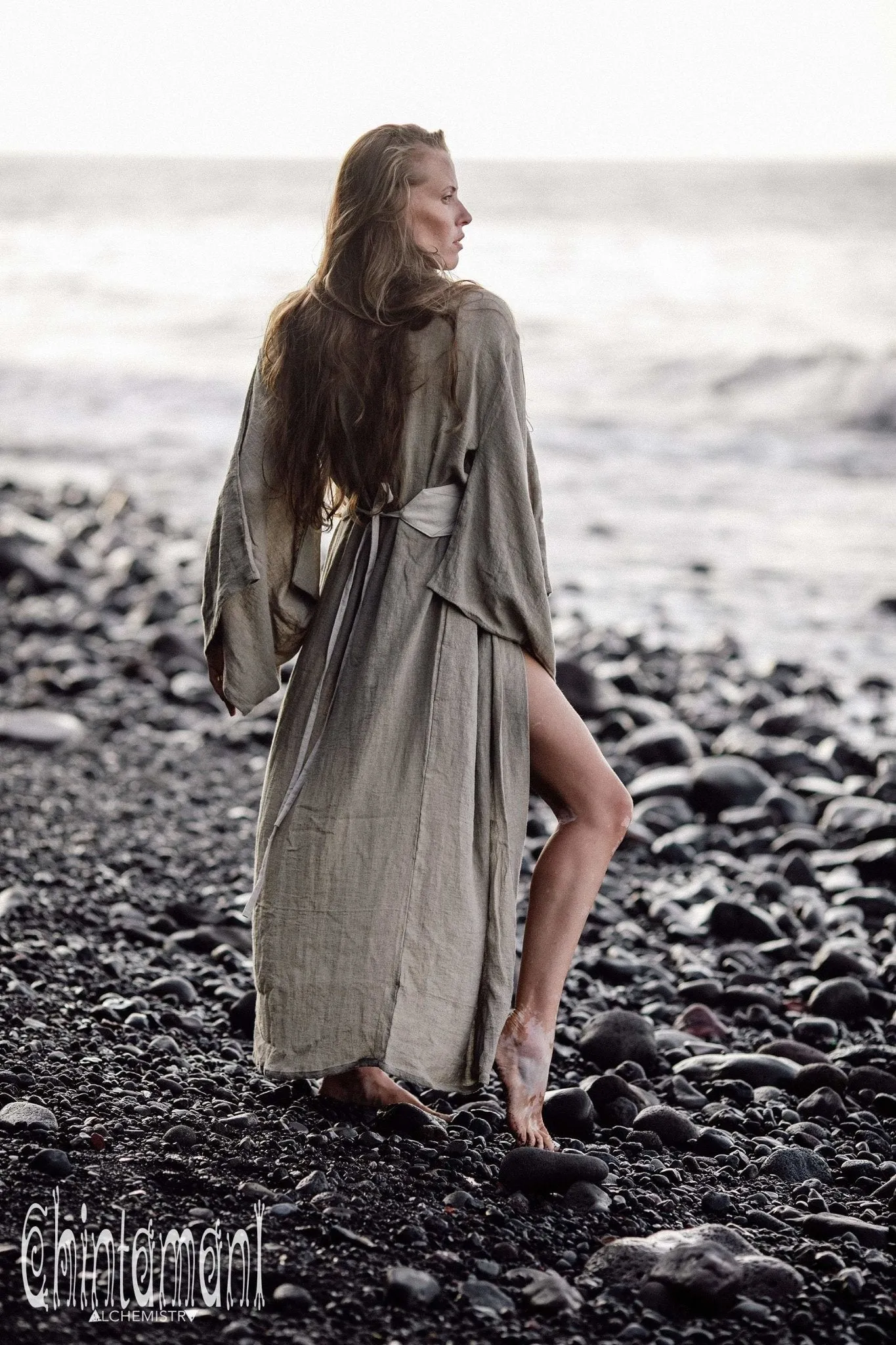 Japan Linen Maxi Kimono Robe / Goddess Cardigan Wrap Dress / Unbleached Grey