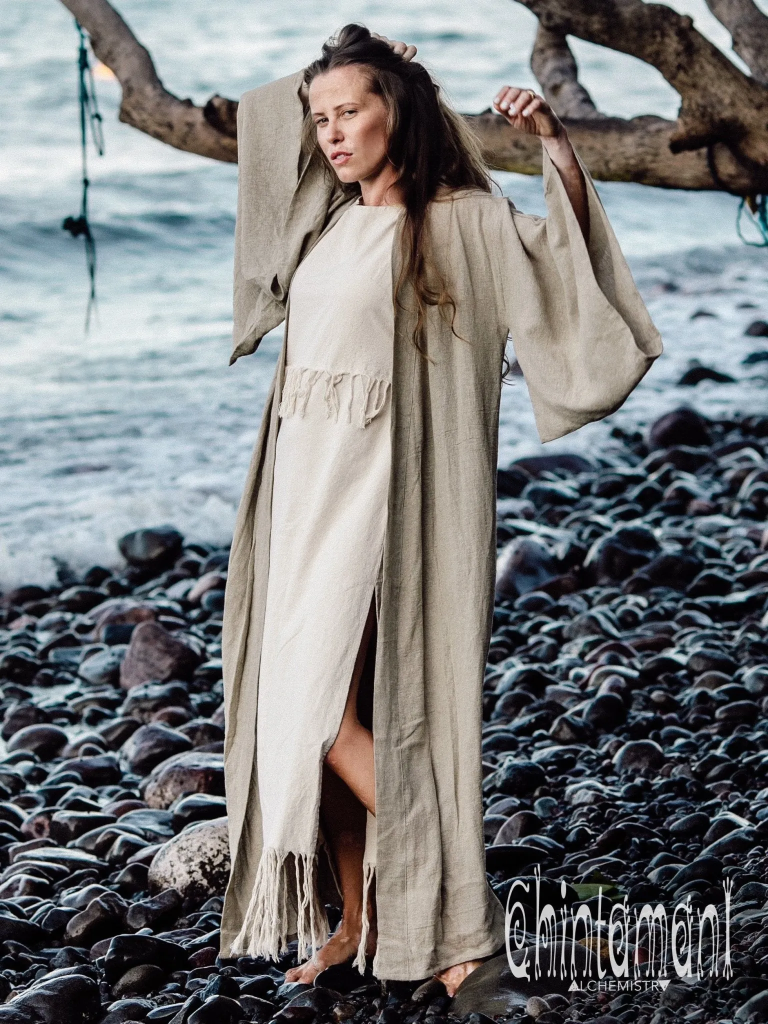 Japan Linen Maxi Kimono Robe / Goddess Cardigan Wrap Dress / Unbleached Grey