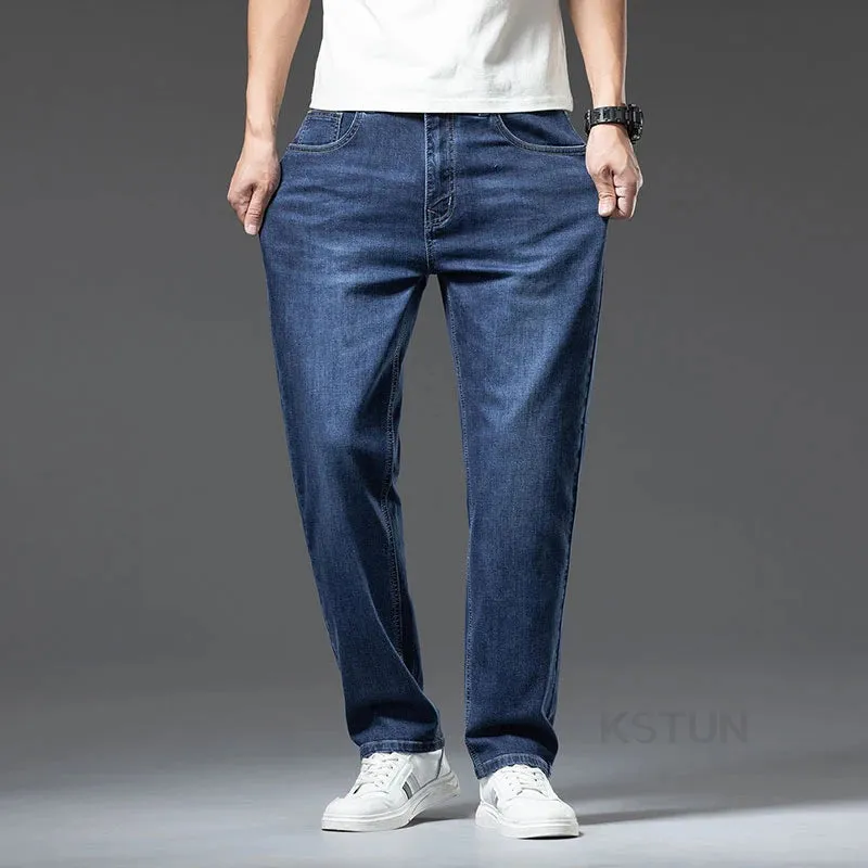 KSTUN Men Jeans Pants Extended Length Trousers Business Casual Classic Blue Straight Men's Clothing Extra Length Tall Men 190 cm