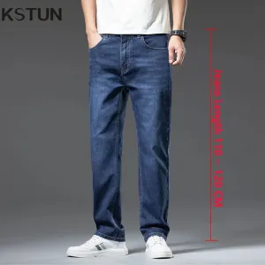 KSTUN Men Jeans Pants Extended Length Trousers Business Casual Classic Blue Straight Men's Clothing Extra Length Tall Men 190 cm